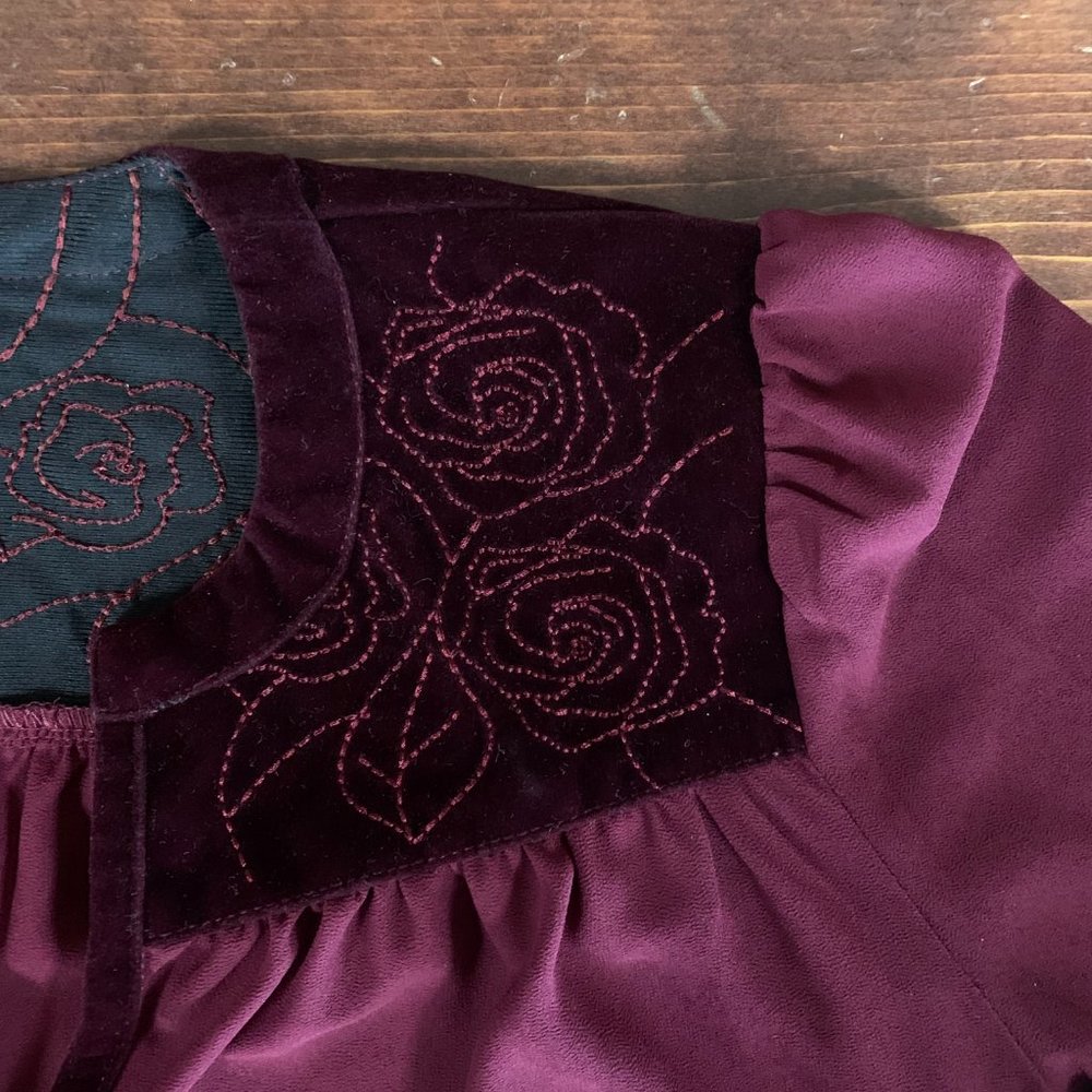 Love Riche Maroon Large Long Sleeve Floral Velvet Detail Plunge Neck Blouse EUC - Picture 8 of 14